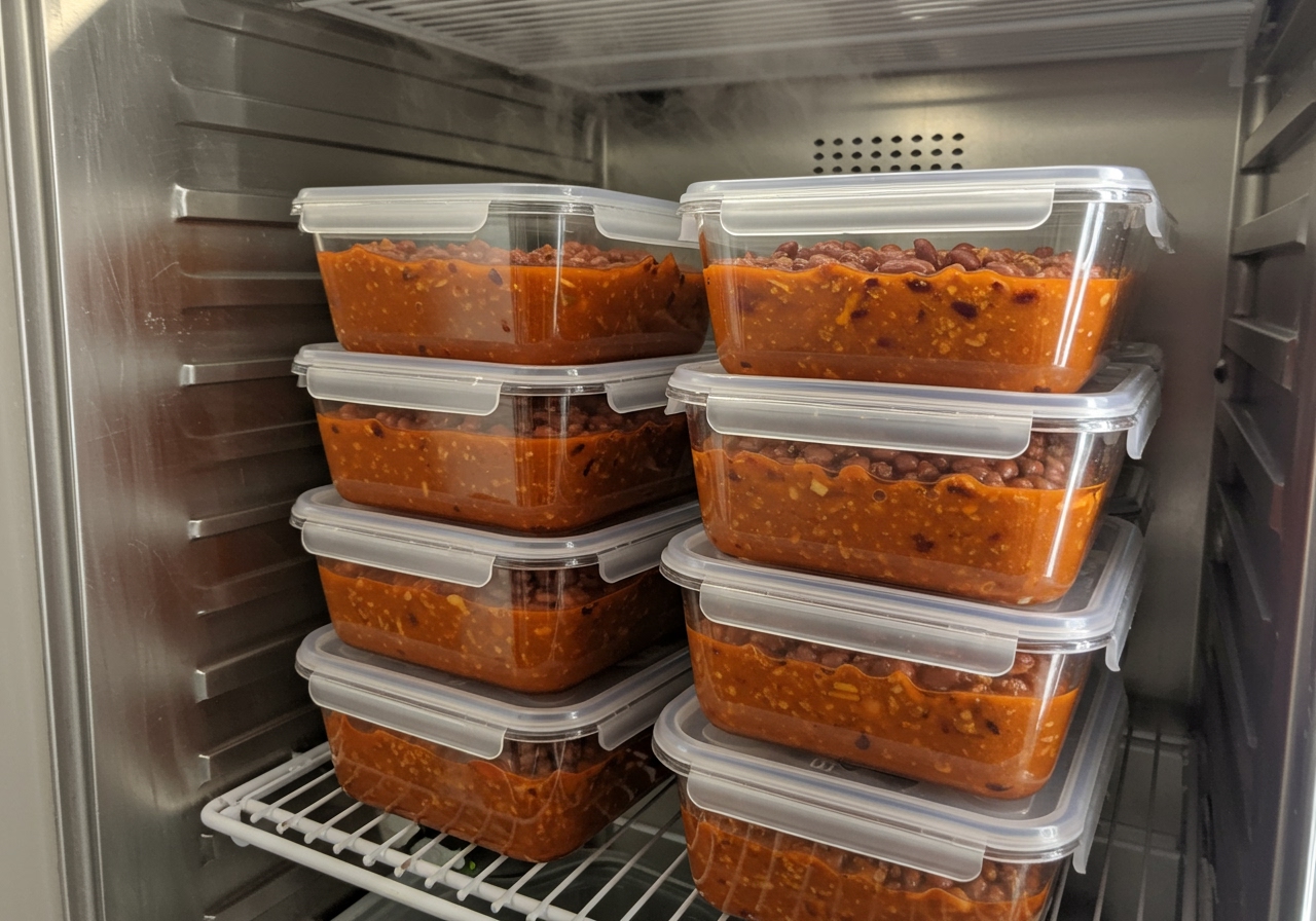 Several glass containers filled with portions of three-bean chili, stacked in a refrigerator.