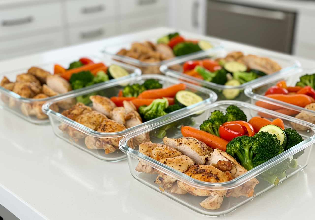 Several glass meal prep containers filled with portions of sheet pan chicken and vegetables, ready to be stored in the refrigerator.
