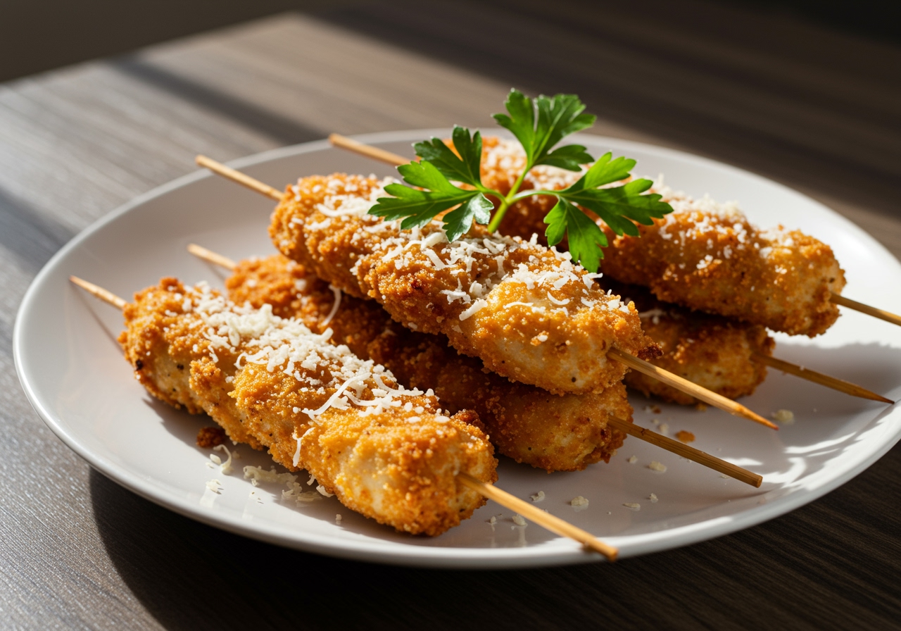 Several golden-brown air-fried Parmesan chicken skewers served on a plate, perhaps with a garnish of fresh parsley.