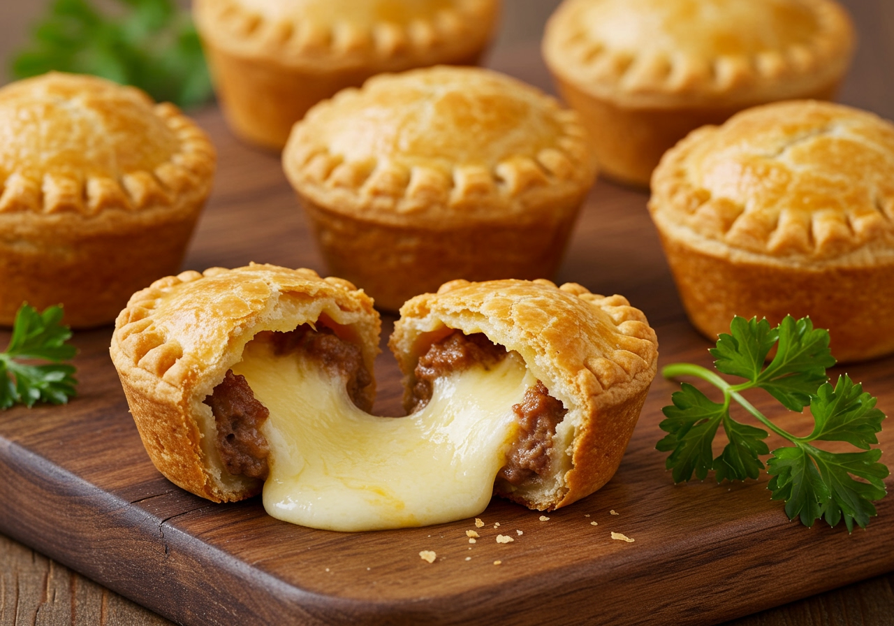 Several golden brown mini meat pies with cheese visibly bubbling and melting out, arranged on a rustic wooden board, garnished with fresh parsley.