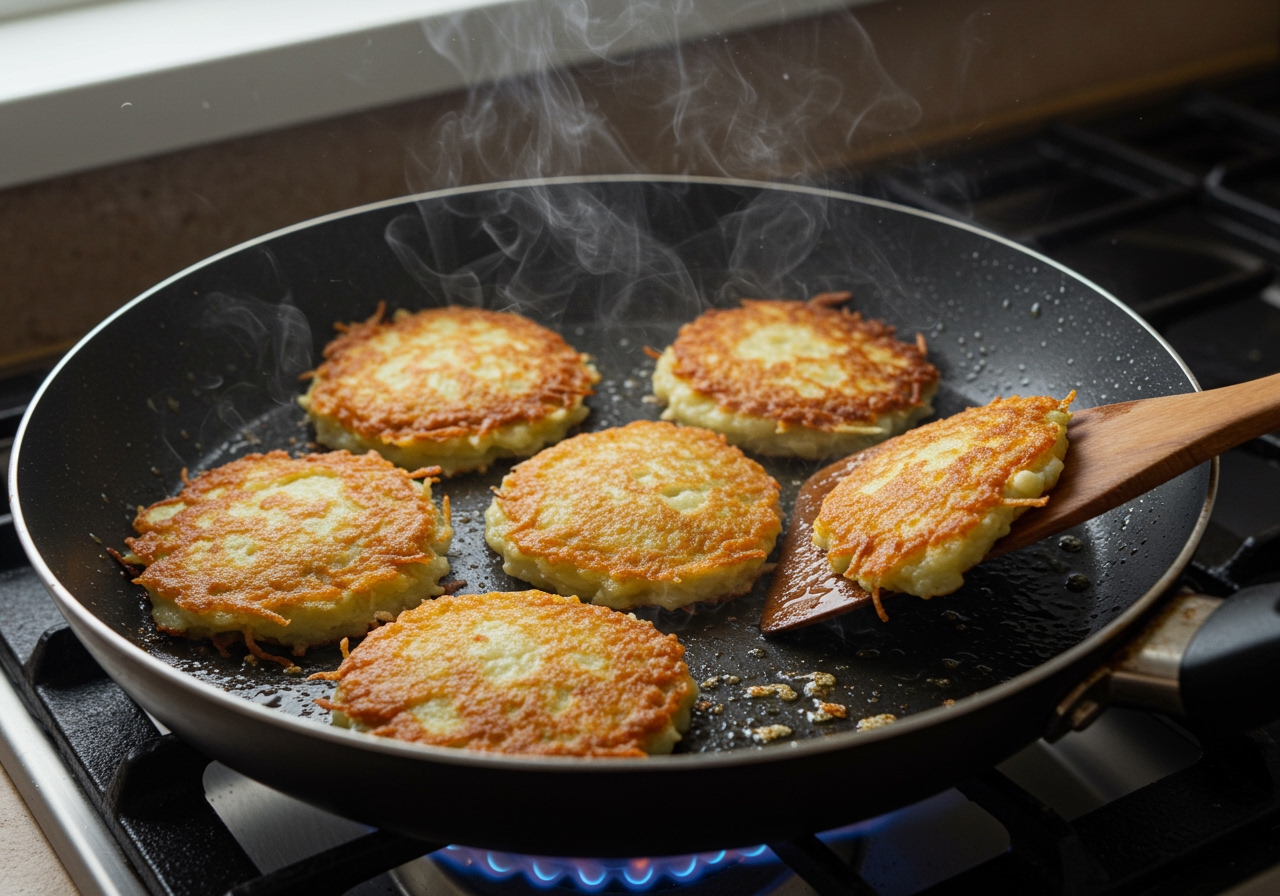Several golden brown potato pancakes sizzling in a hot non-stick frying pan, with a spatula about to flip one.