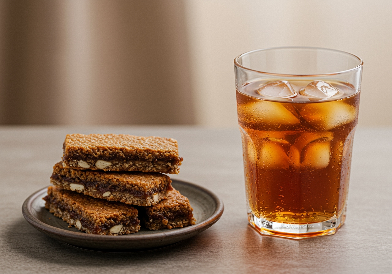 Several healthy fig bars stacked on a small plate next to a glass of water or tea, positioned to look like a perfect healthy snack moment.