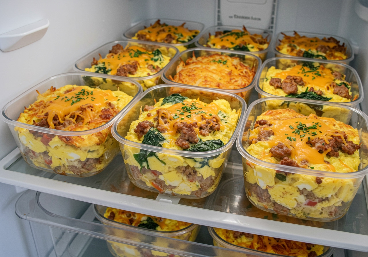 Several individual portions of breakfast casserole stored in meal prep containers in a refrigerator, ready for the week.