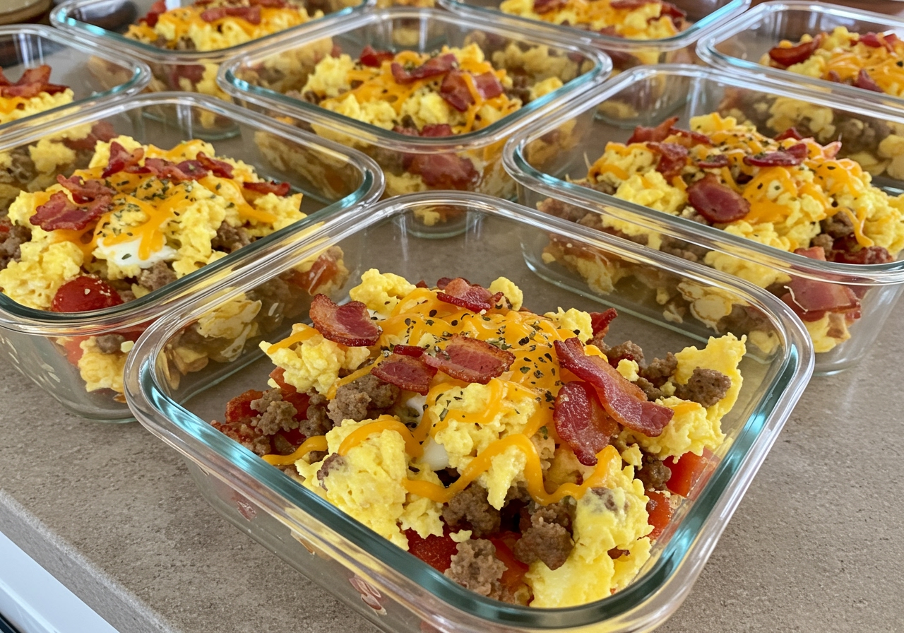 Several individual portions of the baked pizza breakfast casserole stored in glass meal prep containers, ready for the week.