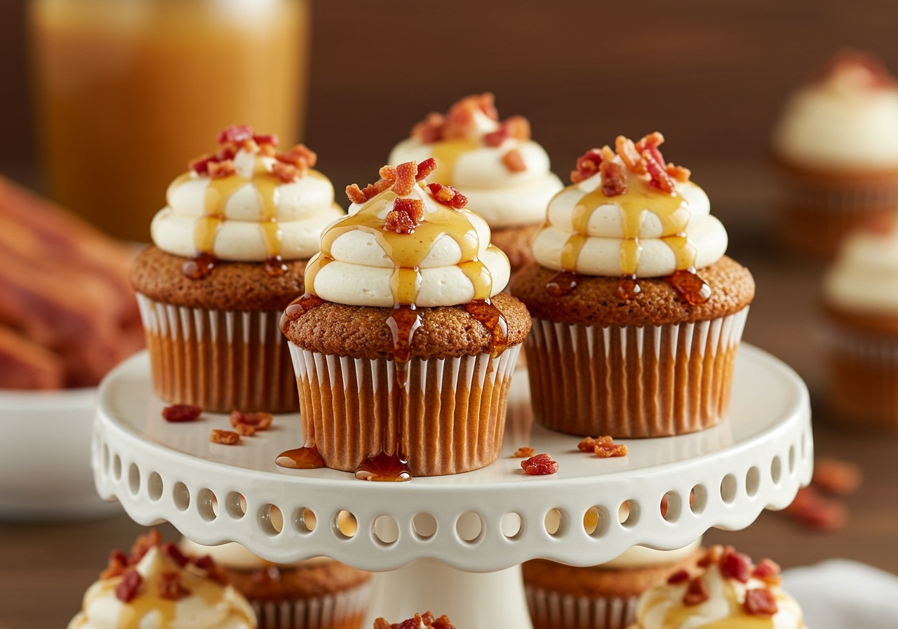 Several maple bacon buttermilk cupcakes displayed on a tiered dessert stand, ready to be served.