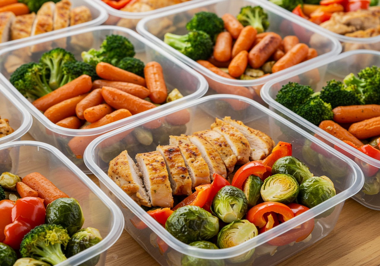 Several meal prep containers filled with portions of sheet pan roasted chicken and vegetables, ready for the week.