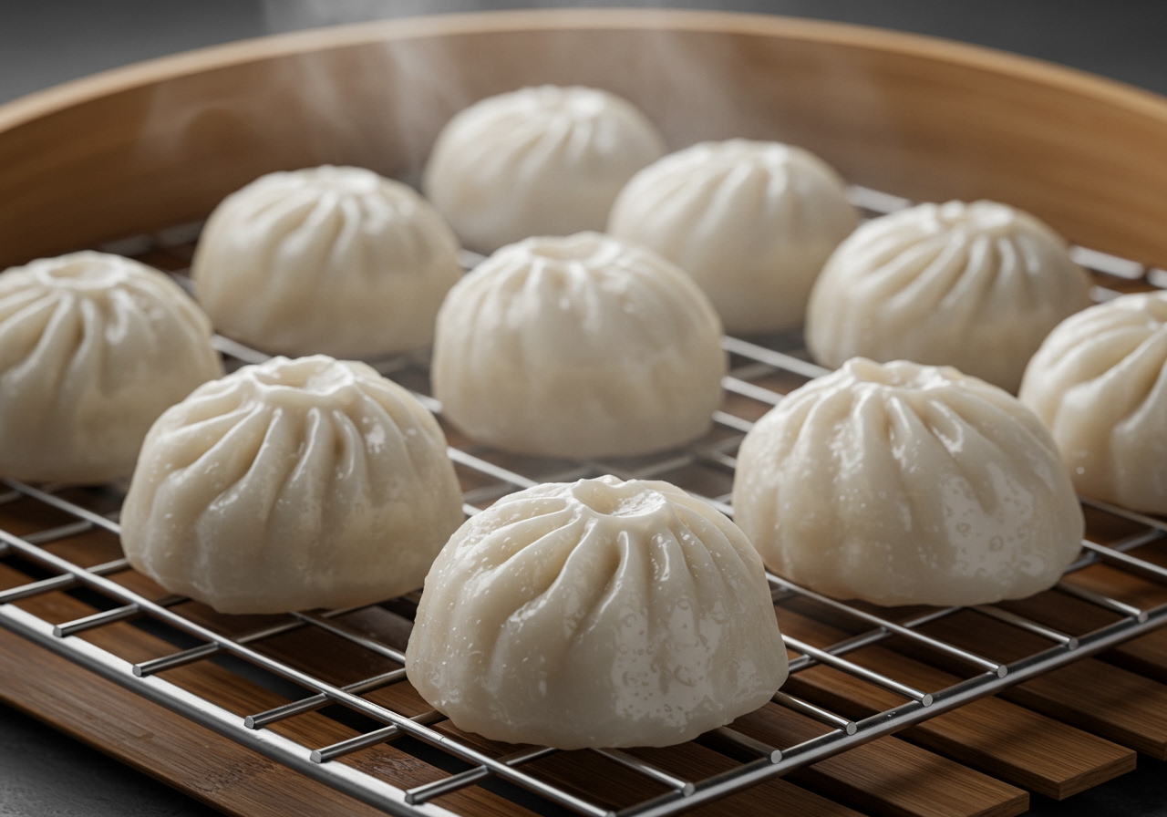 Several perfectly formed and steamed xiao long bao resting on a cooling rack or bamboo mat, with a slight condensation visible on their surface.