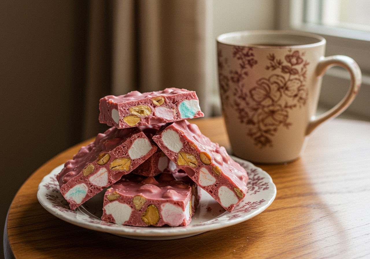 Several pieces of ruby chocolate rocky road stacked on a small plate next to a cup of tea, suggesting a cozy snack time.