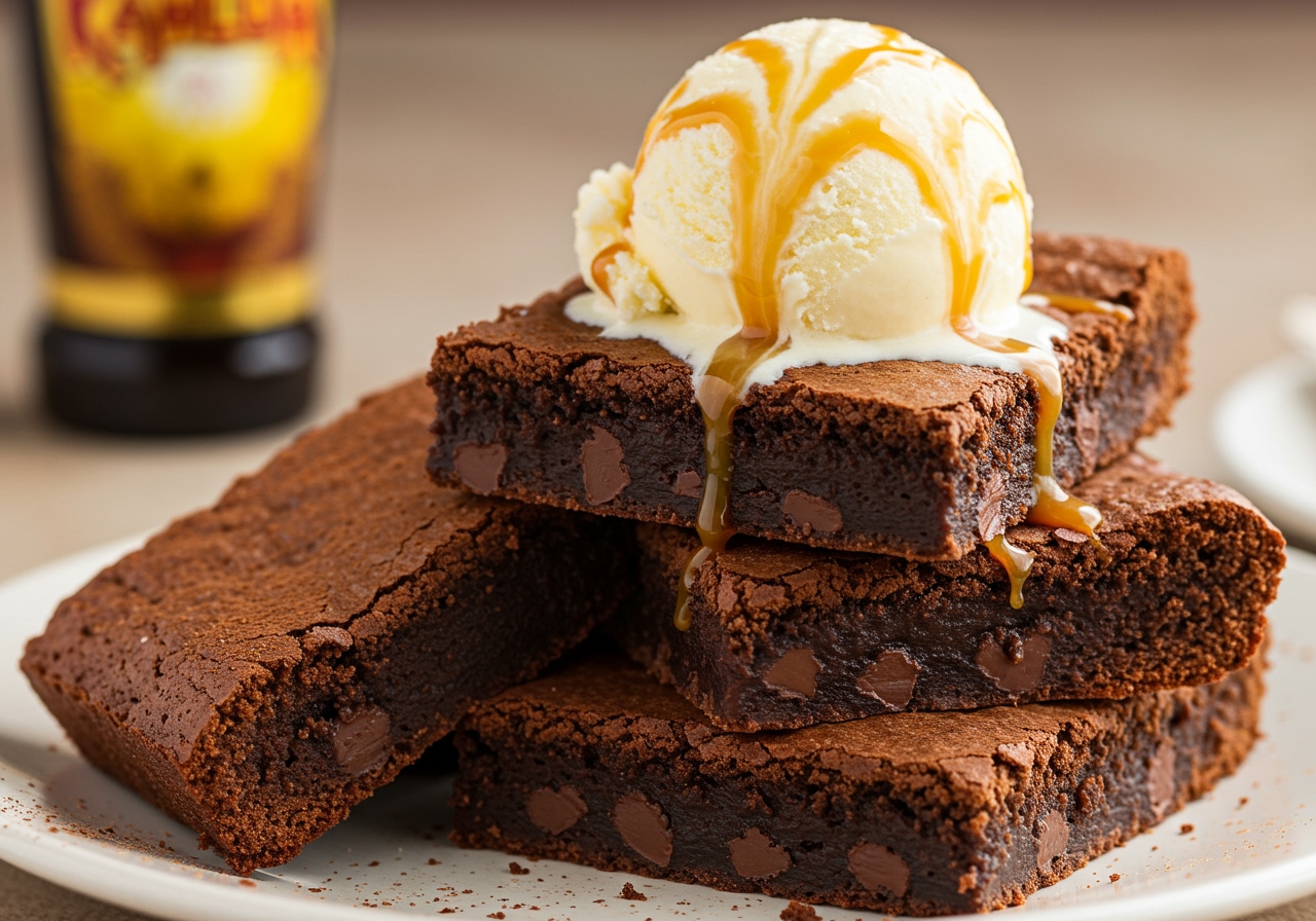 Several pieces of sliced chocolate Kahlua brownies stacked on a plate, perhaps with a dusting of cocoa powder or a scoop of ice cream.