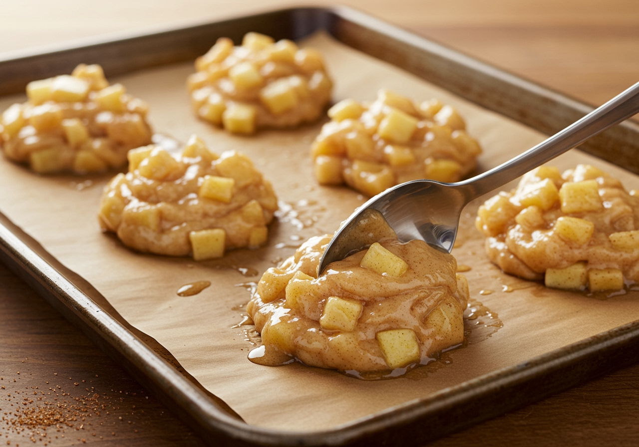 Several portions of apple fritter batter spooned onto a baking sheet lined with parchment paper, spaced apart