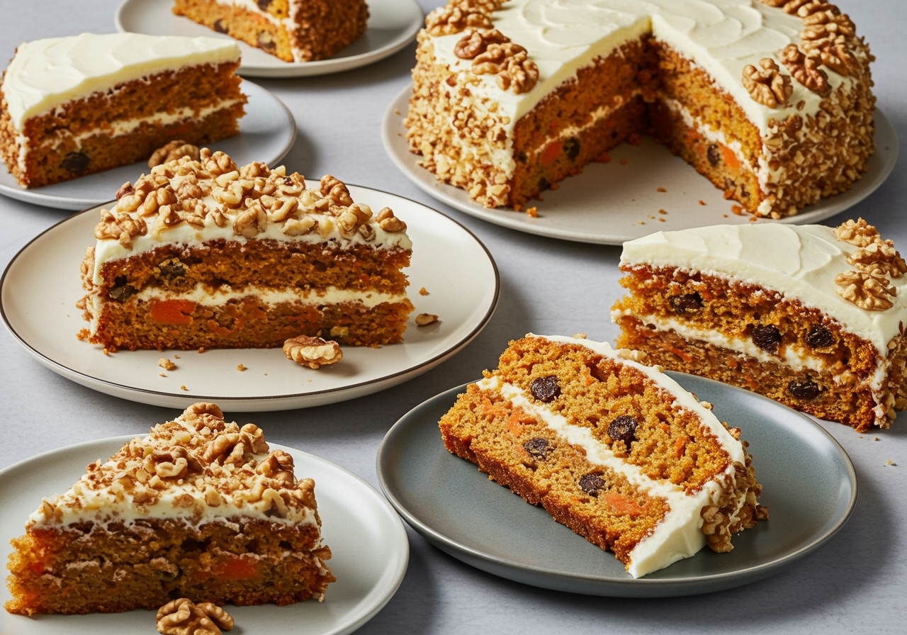 Several slices of carrot cake on different plates, showing variations like with nuts, with raisins, and with plain frosting
