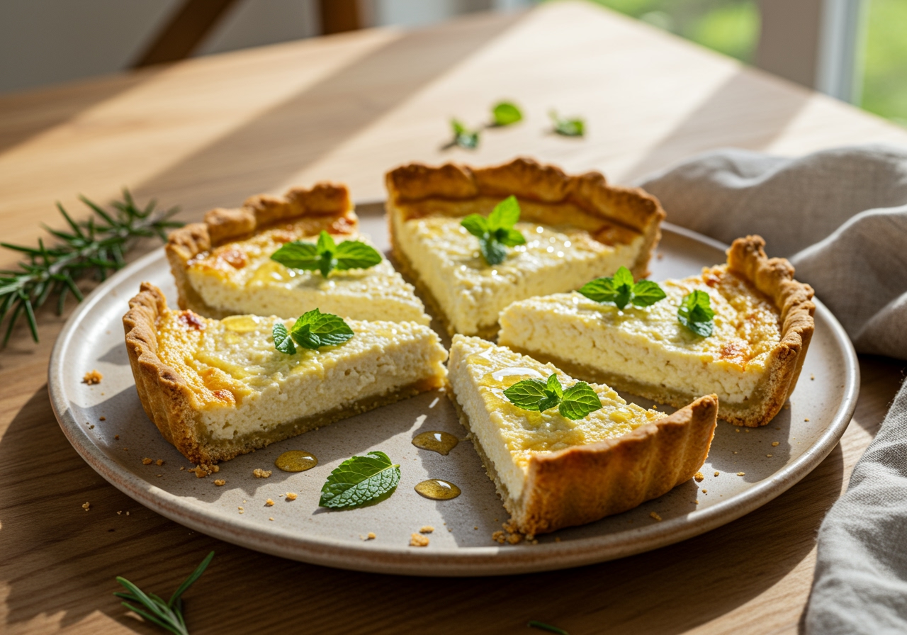 Several slices of healthy ricotta tart arranged neatly on a serving platter, ready to be enjoyed.