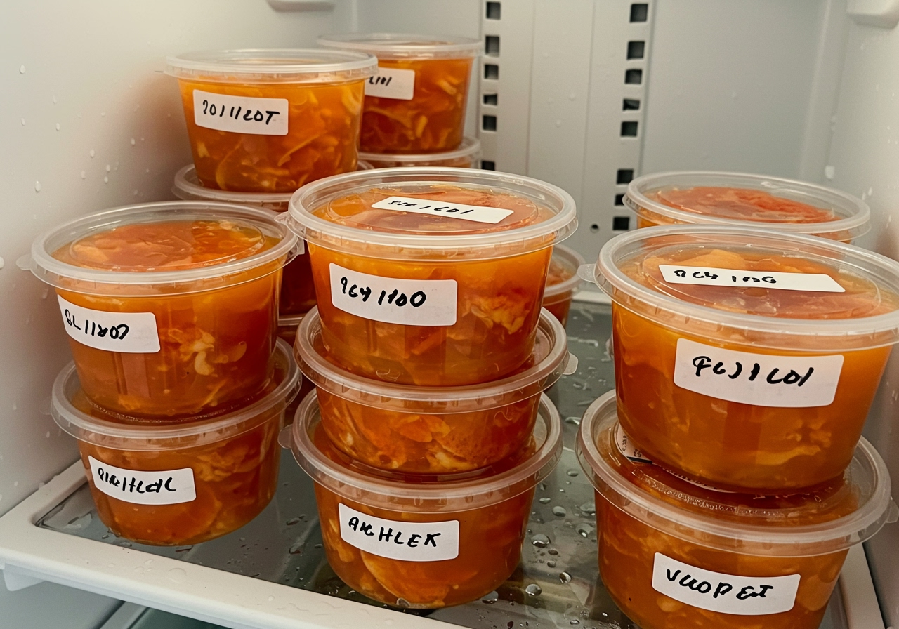 Several small containers filled with homemade lobster shell soup base, stored in a refrigerator or freezer for meal prep