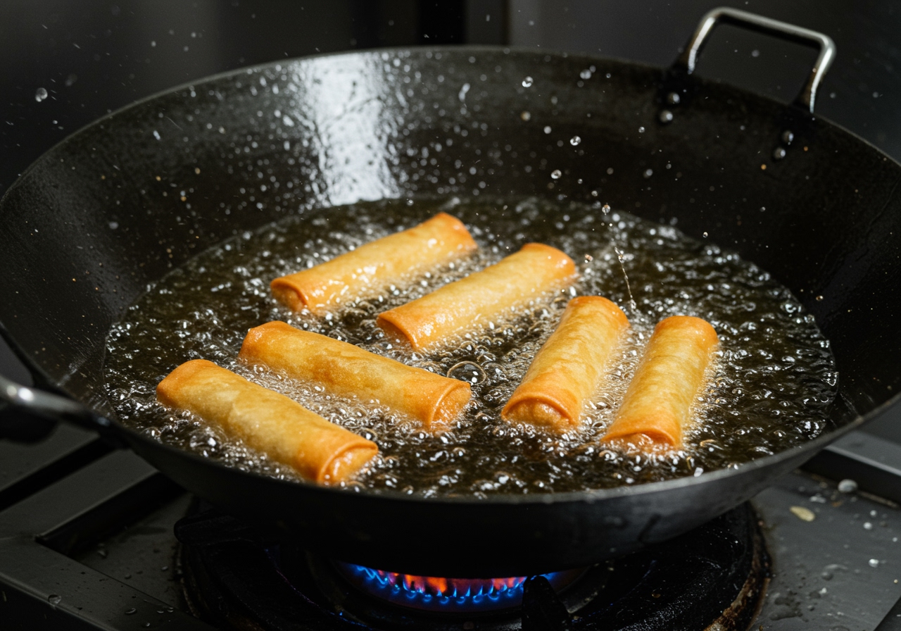 Several spring rolls being fried in hot oil in a deep pan or wok, bubbles vigorously surrounding them as they turn golden brown.