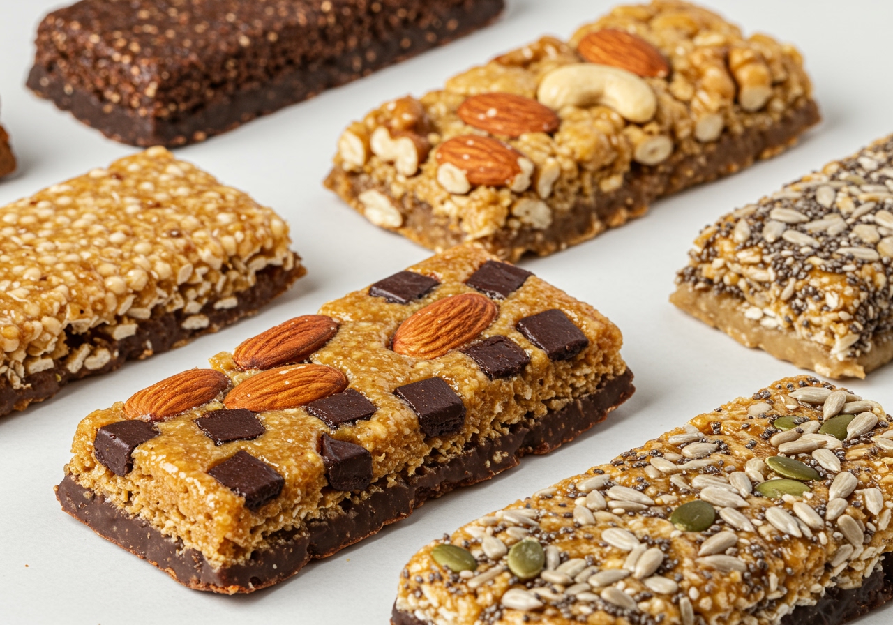 Several variations of healthy bars displayed, perhaps one with chocolate chips, one with different nuts, and one with seeds mixed in.