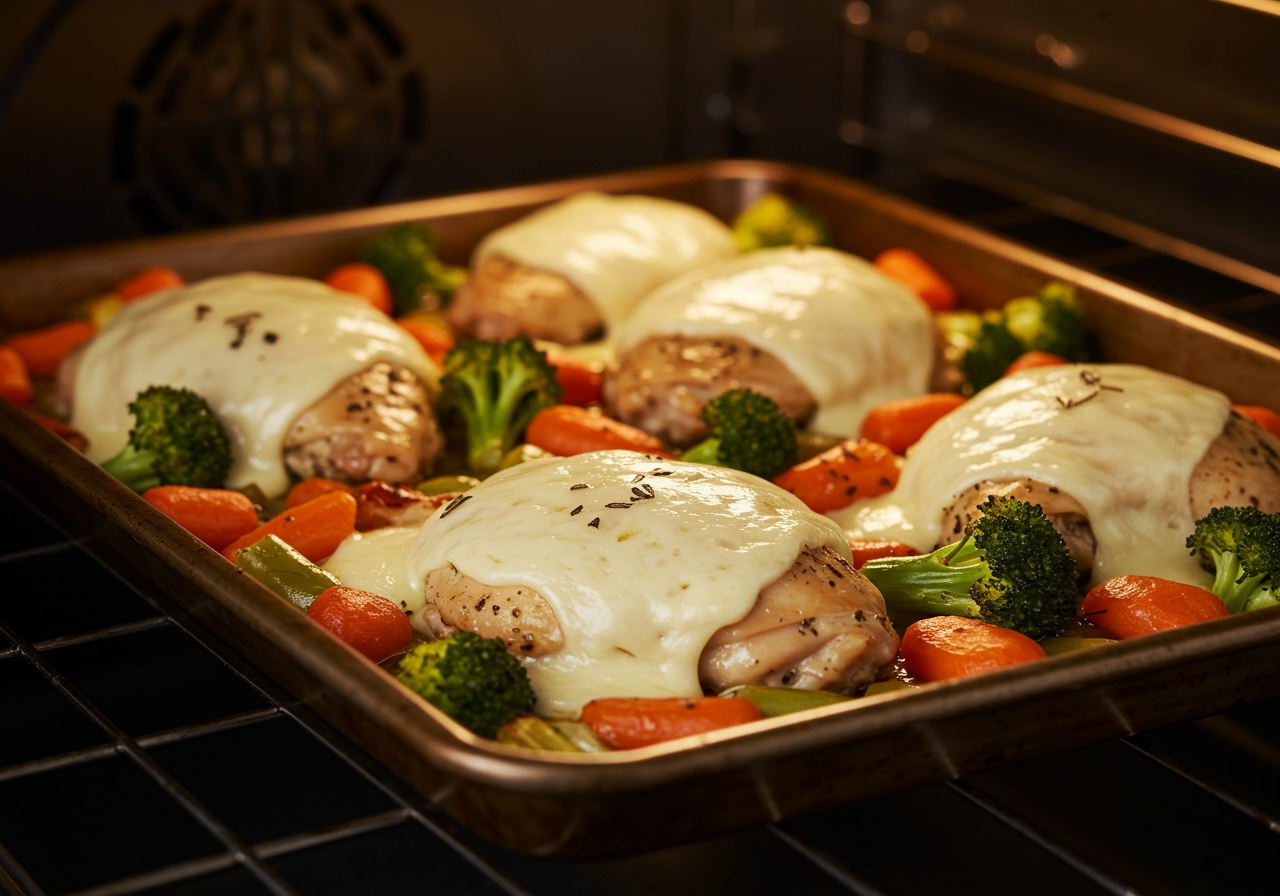 Sheet pan meal in the oven, chicken and vegetables roasting, cheese starting to melt on top.