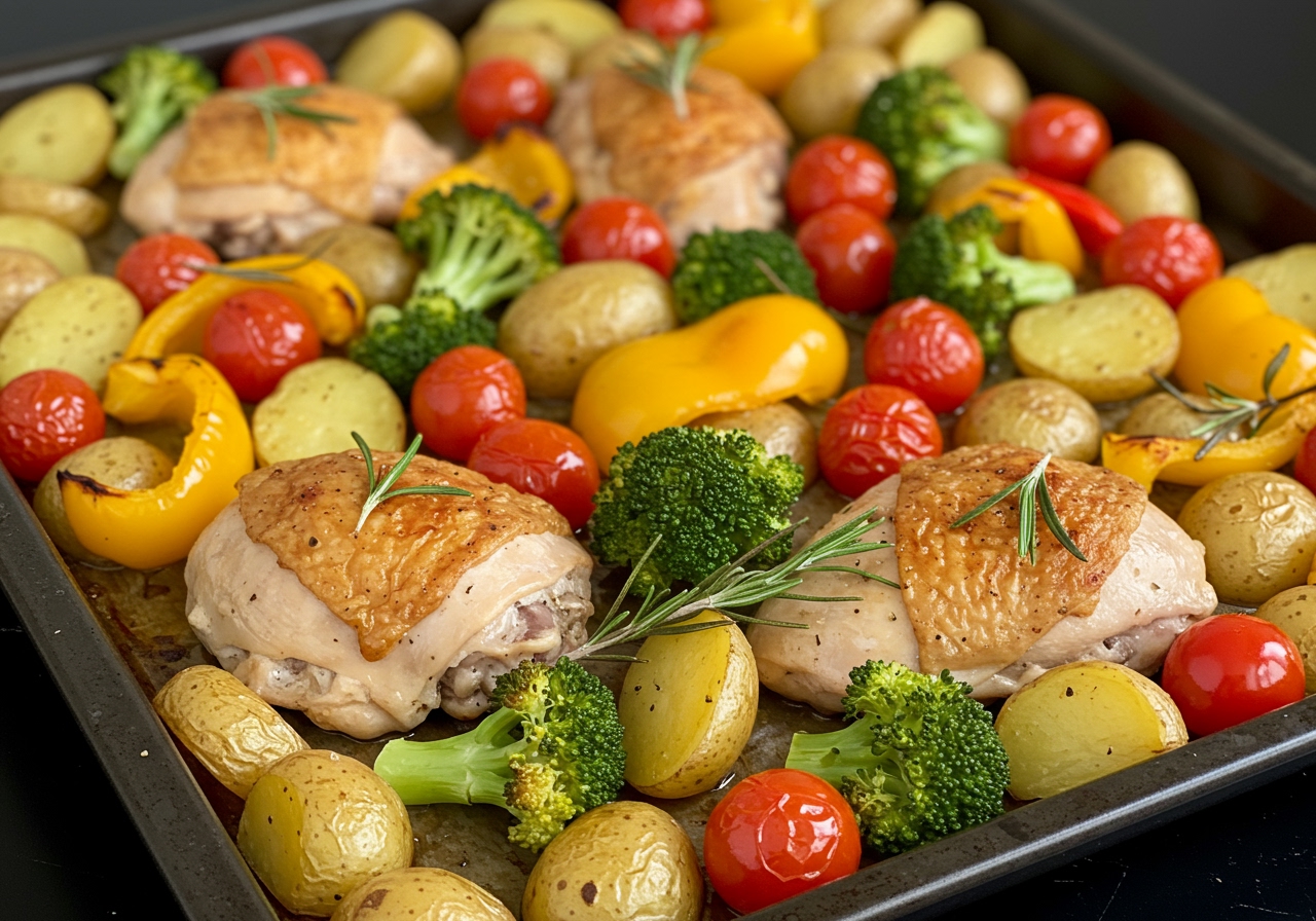Sheet pan with roasted chicken pieces, potatoes, broccoli, bell peppers, and cherry tomatoes, garnished with rosemary.