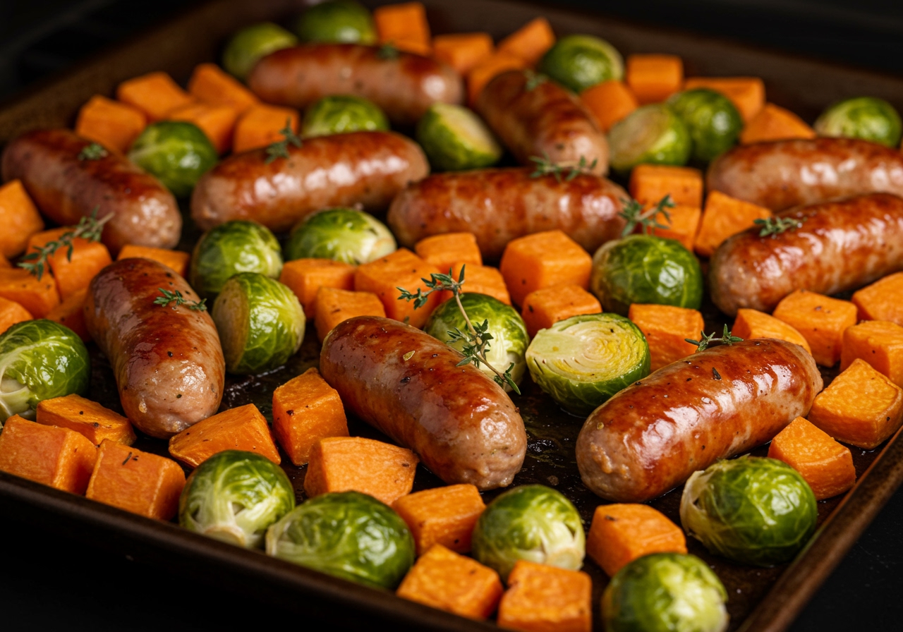 Sheet pan with roasted chicken sausages, sweet potato chunks, and Brussels sprouts.