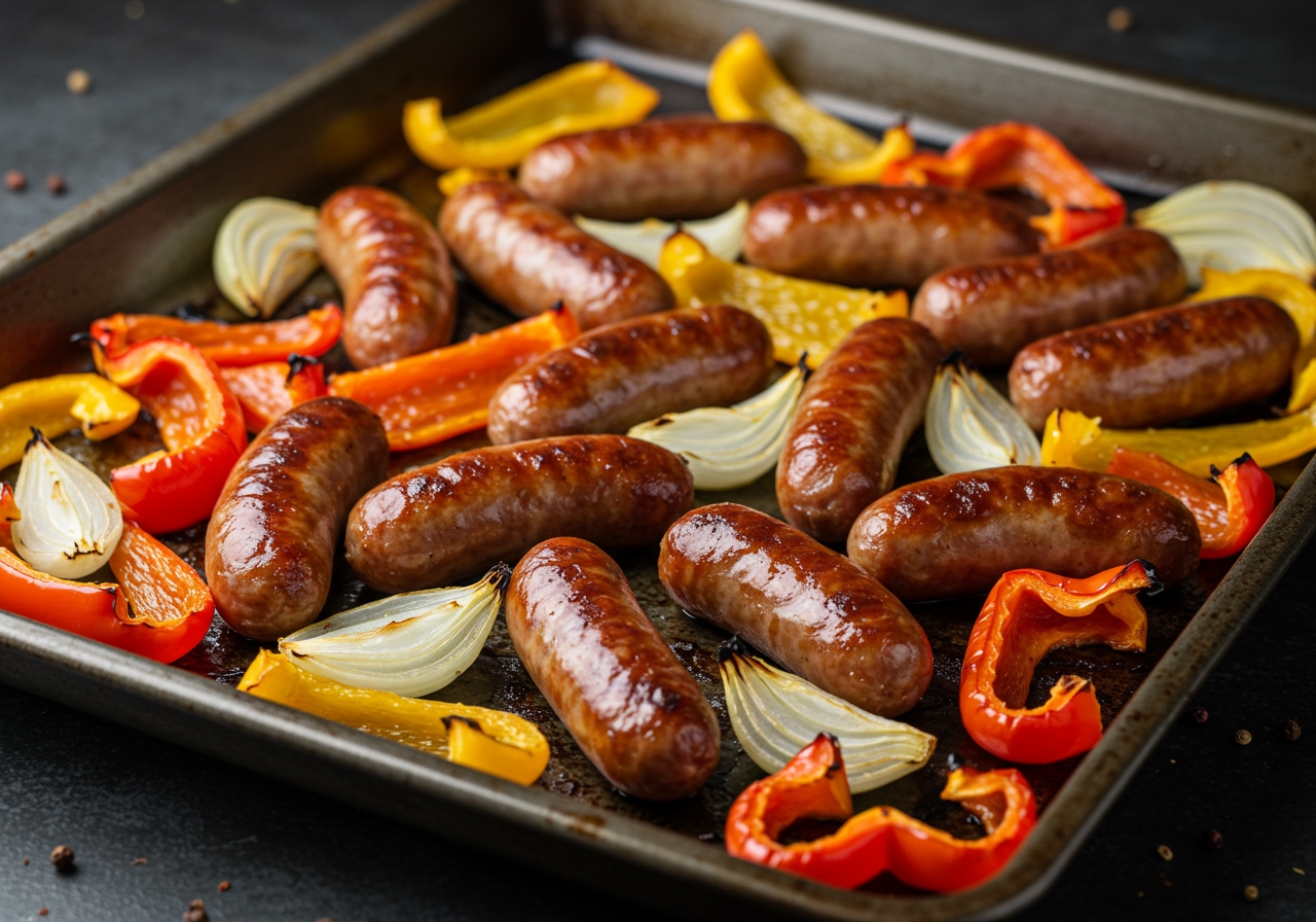 Sheet pan with roasted sausages, sliced bell peppers, and onions.