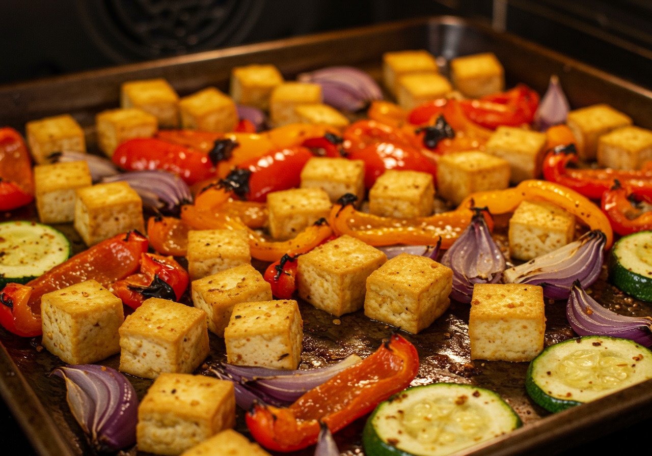 Sheet pan with roasted tofu cubes, bell peppers, onions, and zucchini, with a slightly spicy coating.