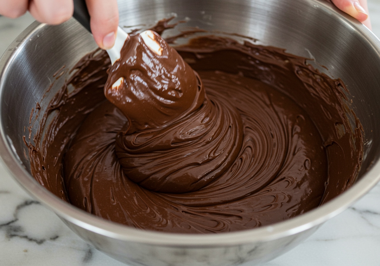 Showing the process of mixing the cheesecake filling, perhaps showing the smooth, rich chocolate mixture in a bowl.