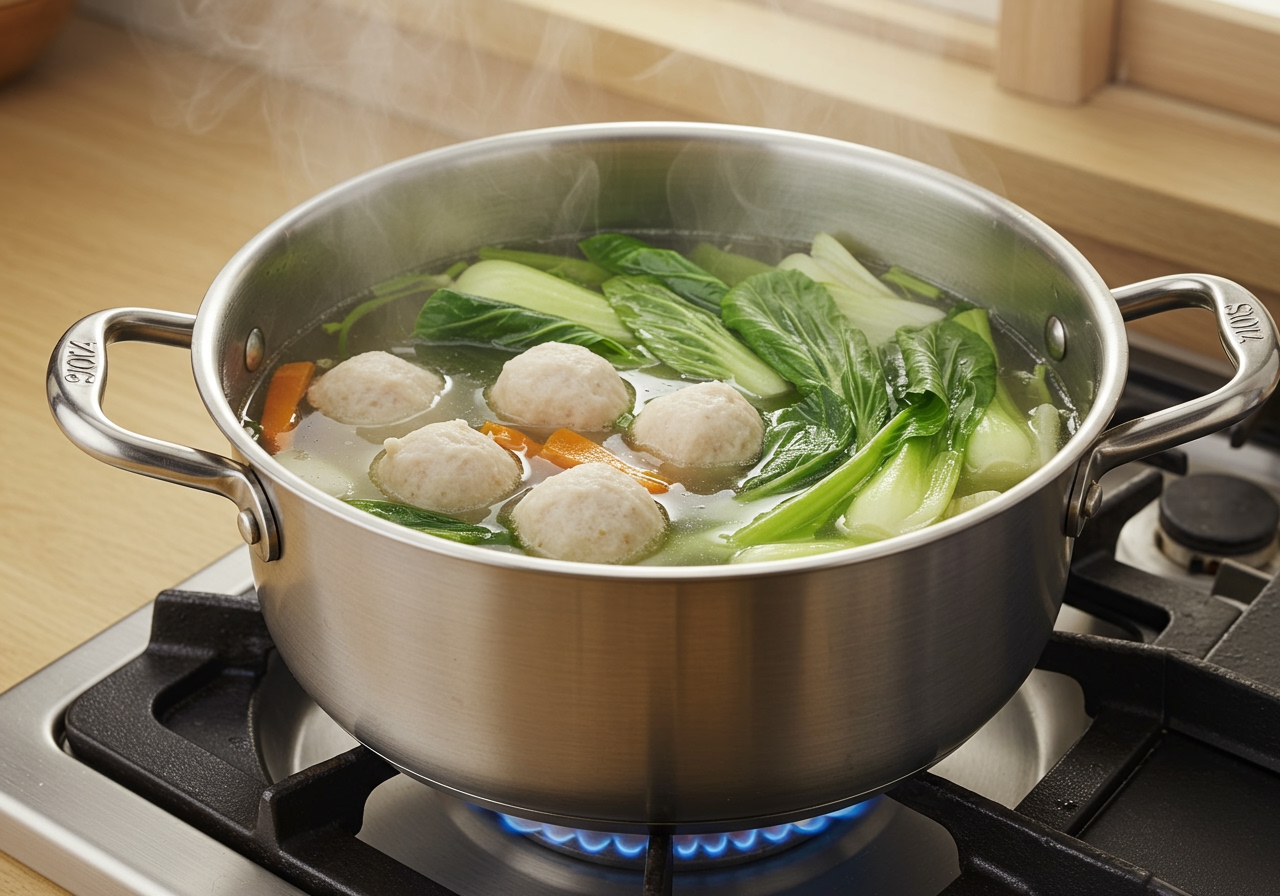 Shrimp balls and various vegetables simmering in a pot of clear soup on a stove.