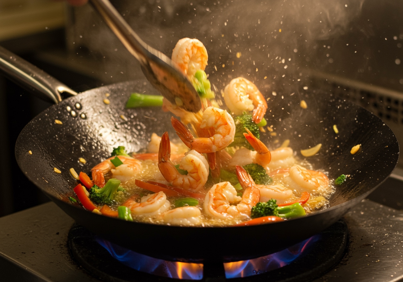 Shrimp being stir-fried in a wok or large pan, looking plump and pink.