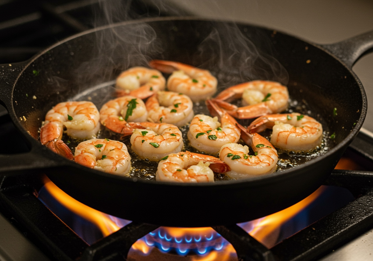 Shrimp cooking in a hot skillet, showing them just turning pink