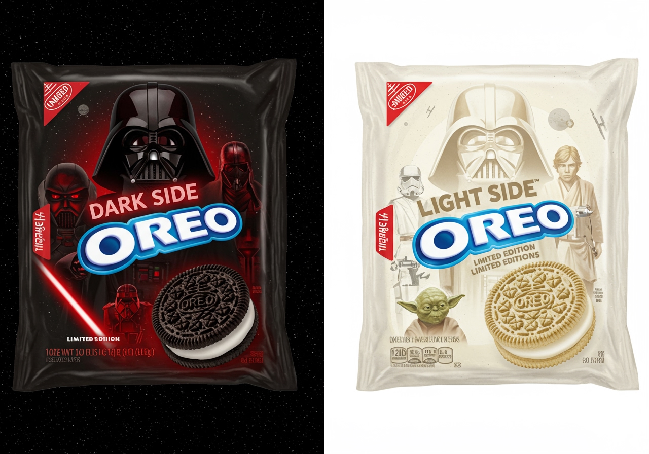 Side-by-side comparison of the two different Oreo Star Wars special edition packaging designs - one dark side themed and one light side themed.