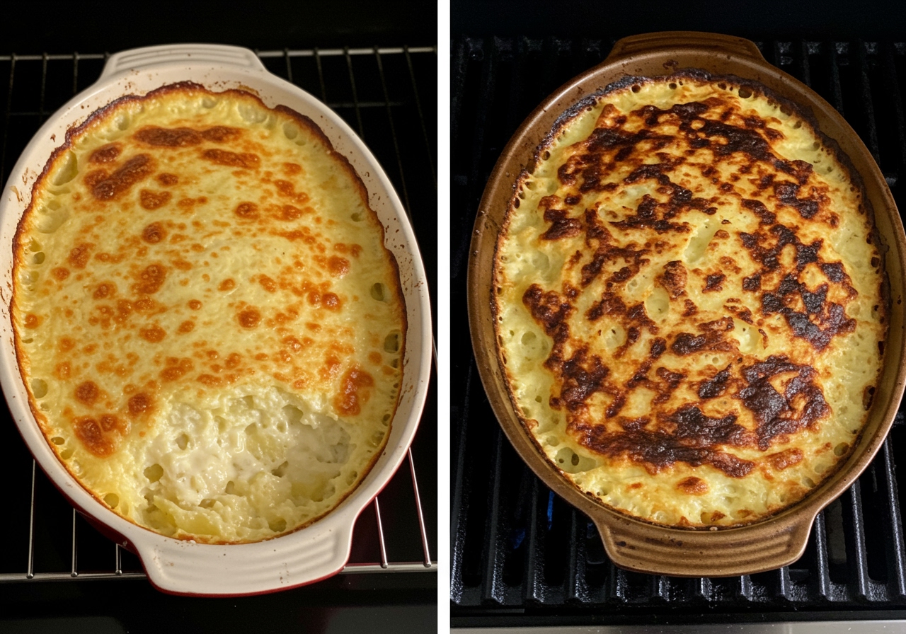Side-by-side comparison photo: one gratin dish cooked in an oven (even bake), one in a grill (crispier, darker top).