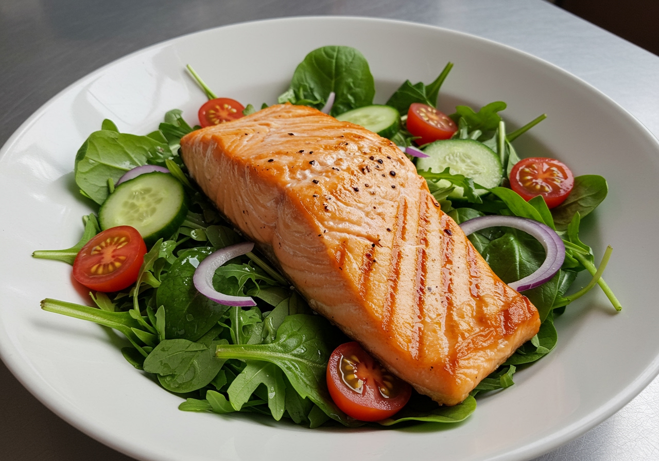 Simple grilled salmon fillet on top of a fresh green salad