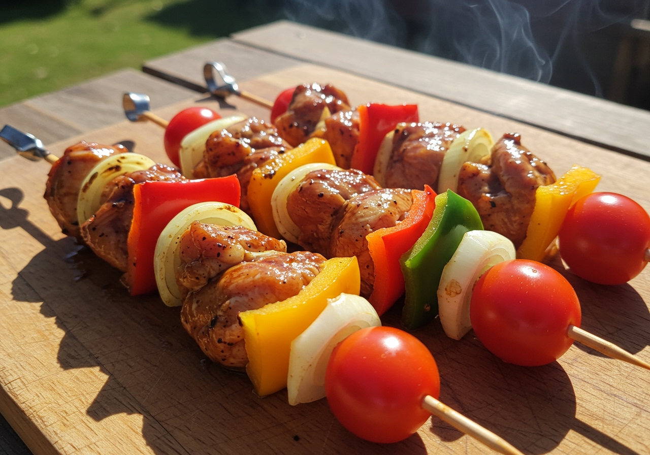 Skewers with marinated chicken and colorful vegetables (onions, bell peppers, tomatoes) ready for grilling.