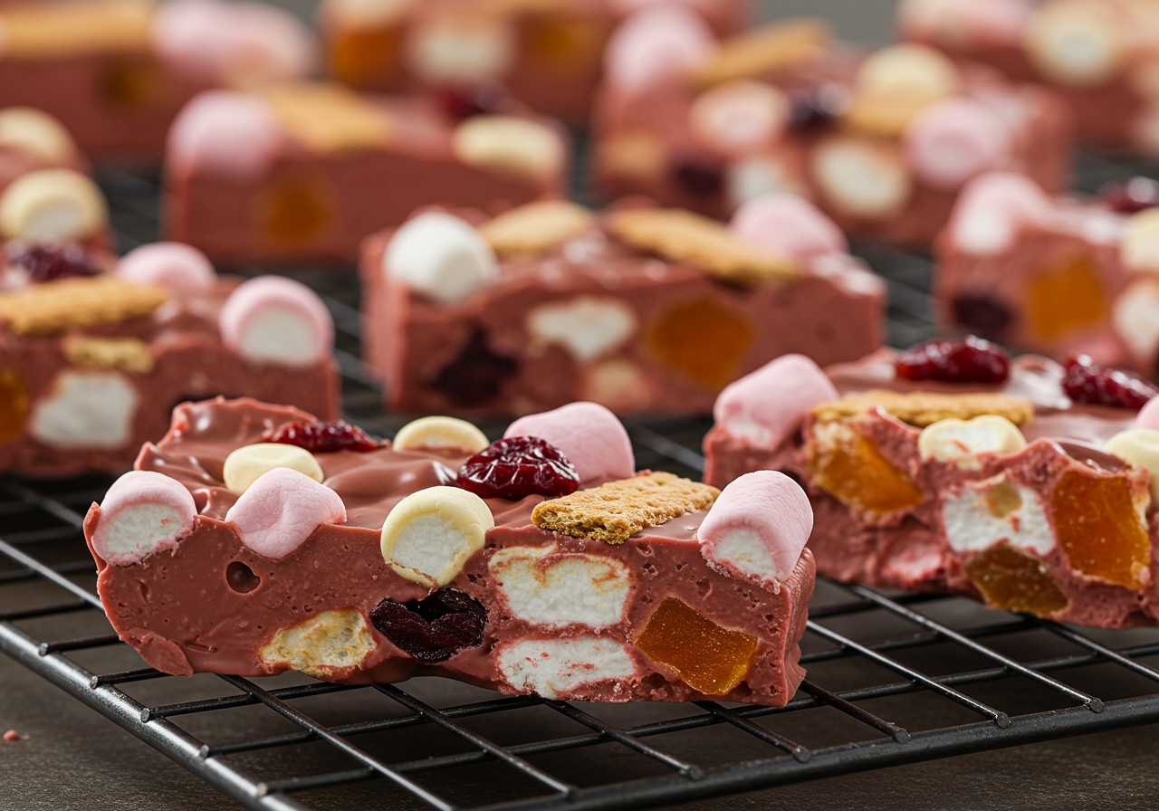 Slabs of finished ruby chocolate rocky road with visible marshmallows, biscuits, and dried fruit pieces on a cooling rack or platter.
