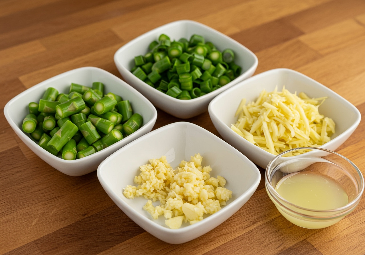 Sliced asparagus, grated ginger, minced garlic, and lime juice in small bowls