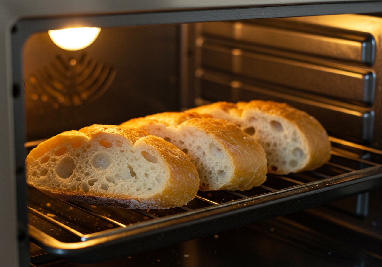 Sliced baguette being toasted to a golden crisp in a toaster oven, with a subtle golden brown color.