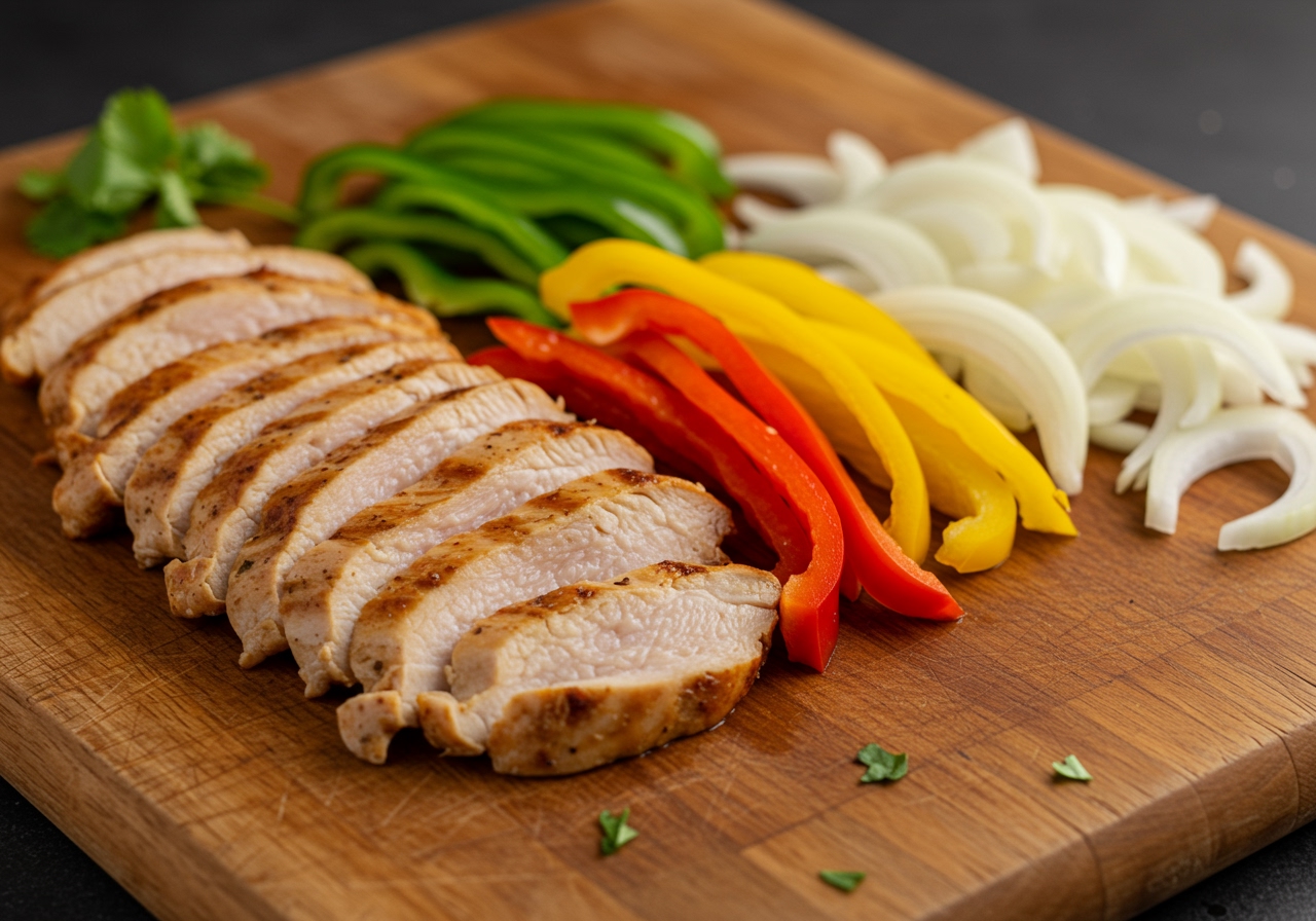 Sliced chicken, colorful bell peppers, and onions prepared for fajitas on a cutting board