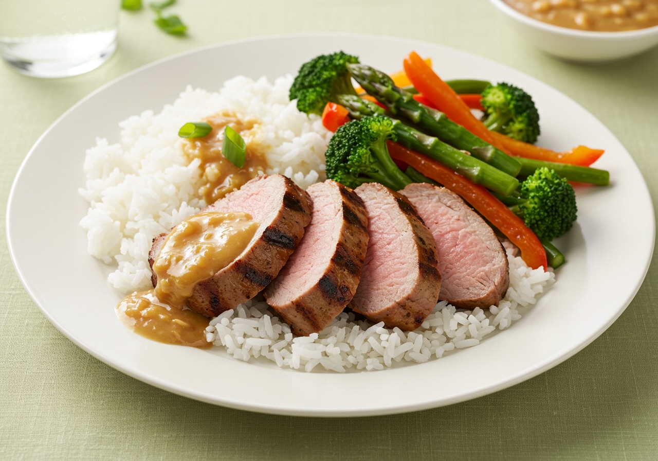 Sliced grilled pork tenderloin with ginger peanut sauce, served on a plate with rice and vegetables.
