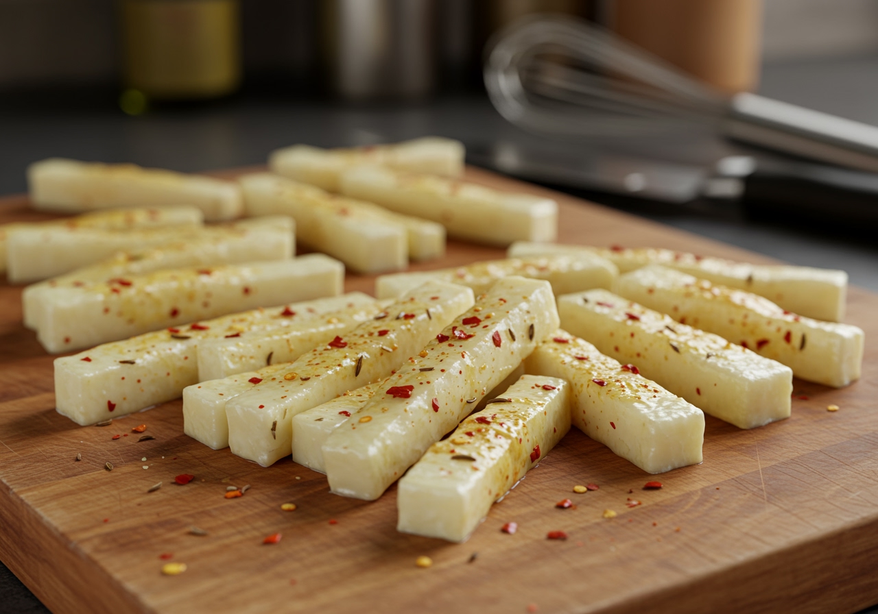 Sliced jicama sticks on a cutting board before baking, seasoned with oil and spices