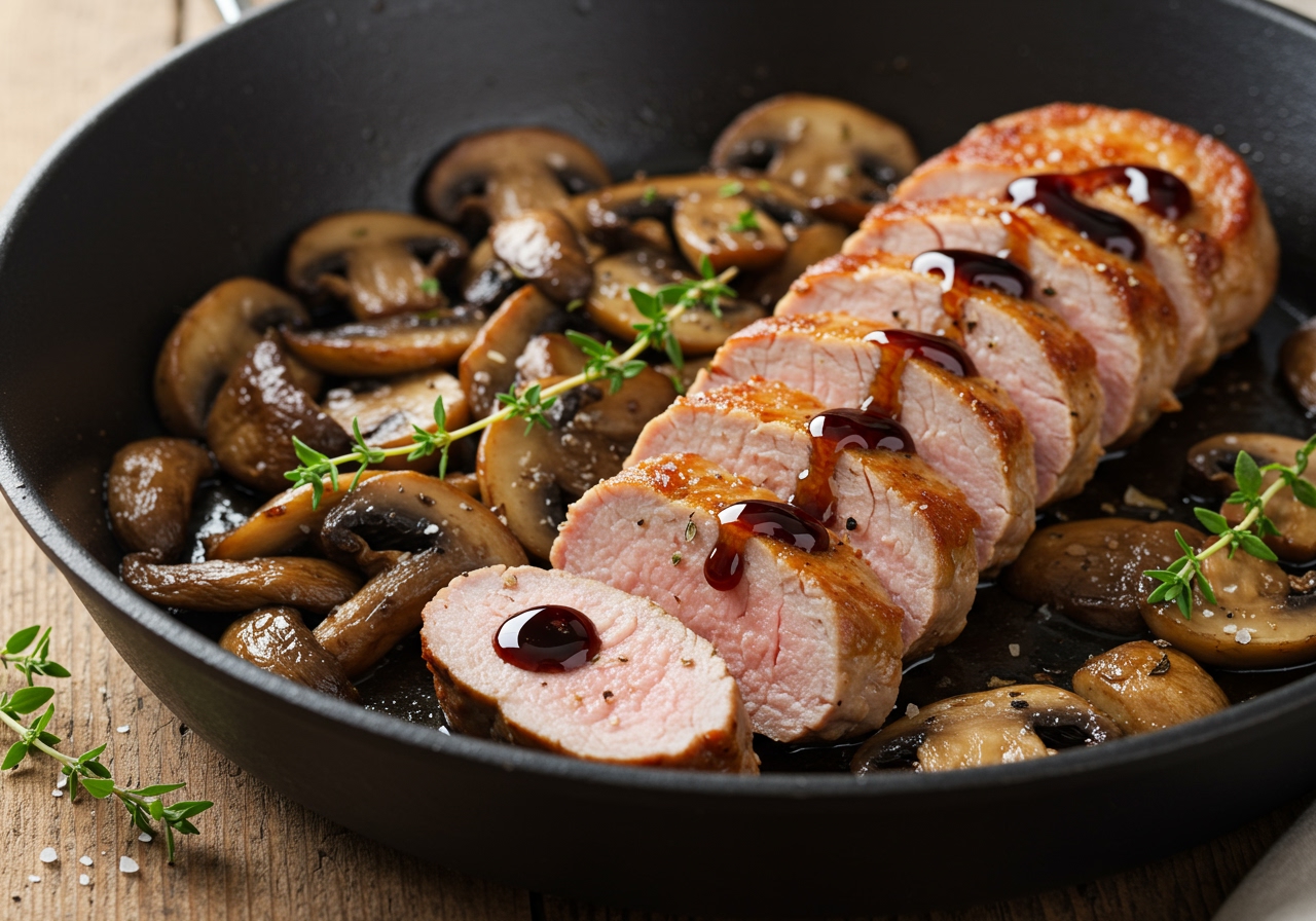 Sliced pork tenderloin sauteed with mixed mushrooms in a pan, with a drizzle of balsamic glaze