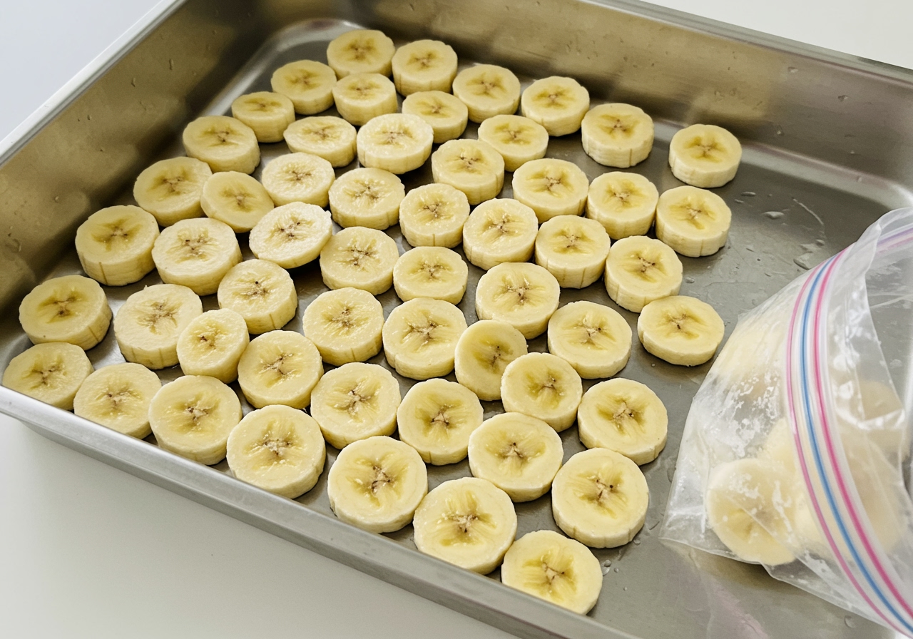 Sliced ripe bananas laid out on a tray or cutting board before being put into a freezer bag.