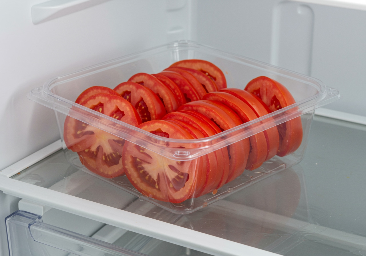 Sliced tomatoes stored in an airtight container in a refrigerator, ready for use.