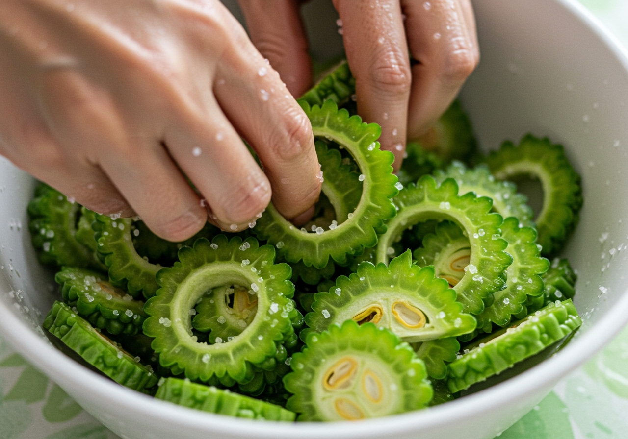 Slices of bitter melon (goya) being salted and massaged in a bowl as part of the preparation process.