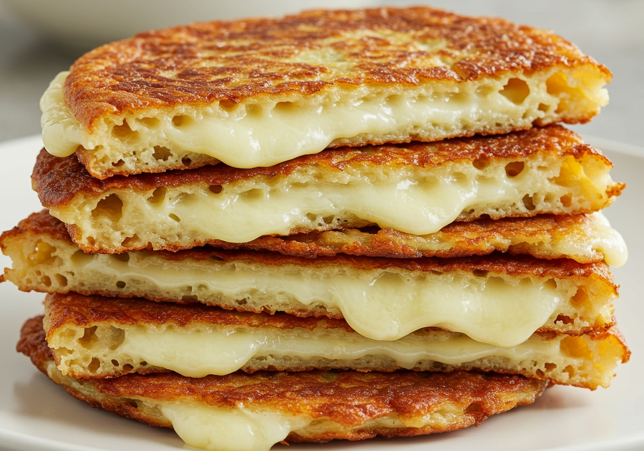 Slices of cheese rösti stacked on a plate, showing the melted cheese and crispy texture.