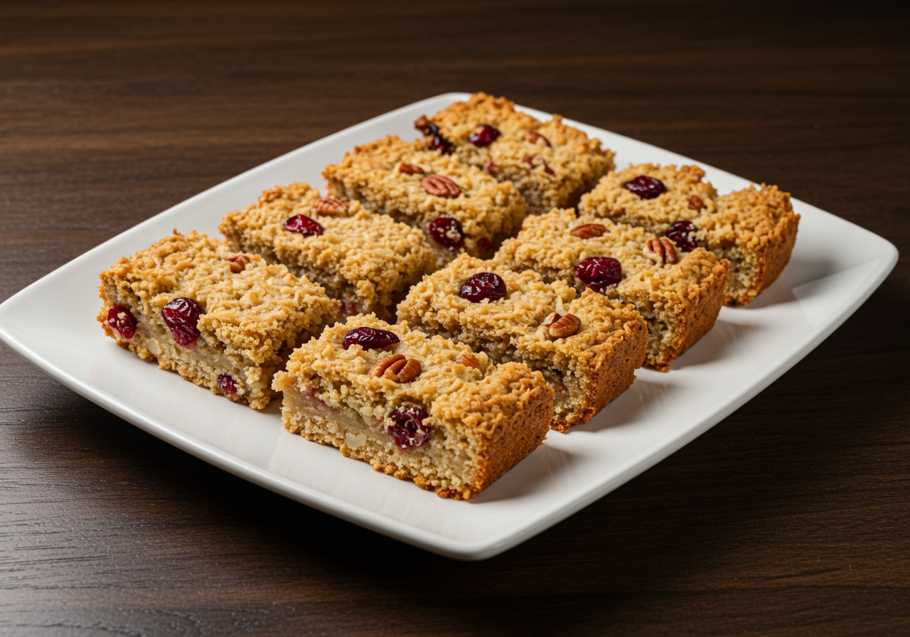 Slices of healthy coconut cranberry pecan bars neatly arranged on a plate, ready to be served.