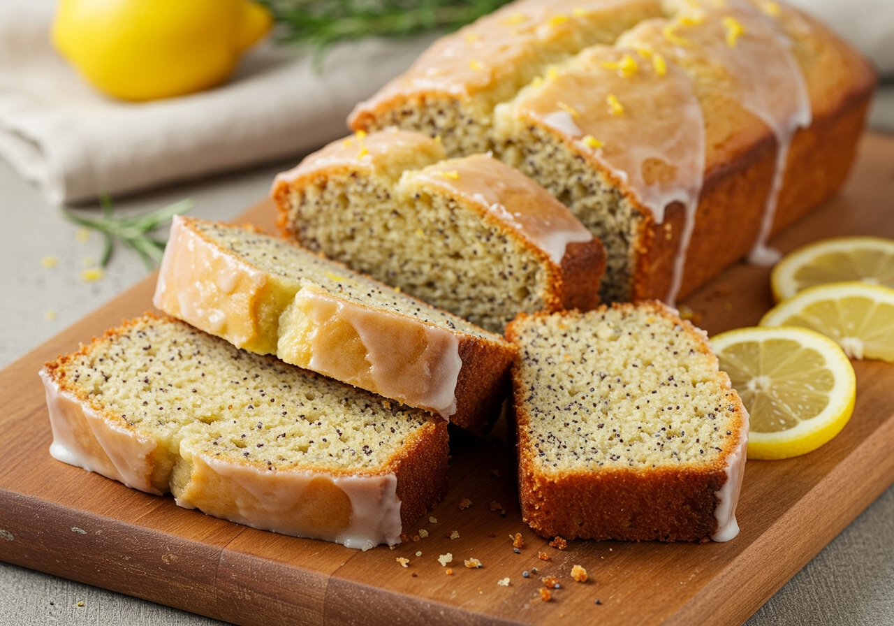 Slices of lemon poppy seed bread on a rustic wooden board, some with a lemon glaze