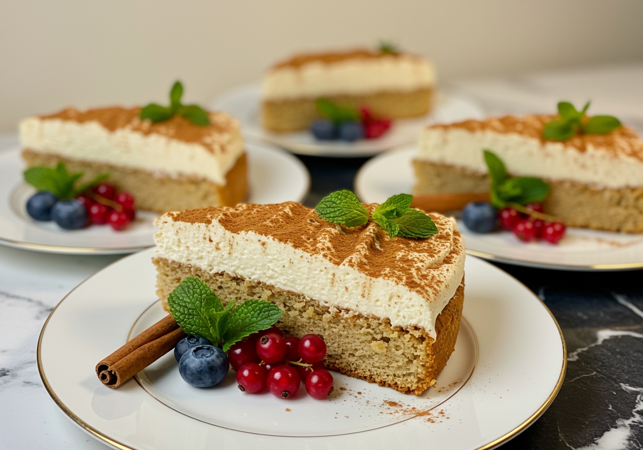 Slices of the cold cake served on elegant plates, garnished with extra cinnamon and perhaps a mint leaf or berries.