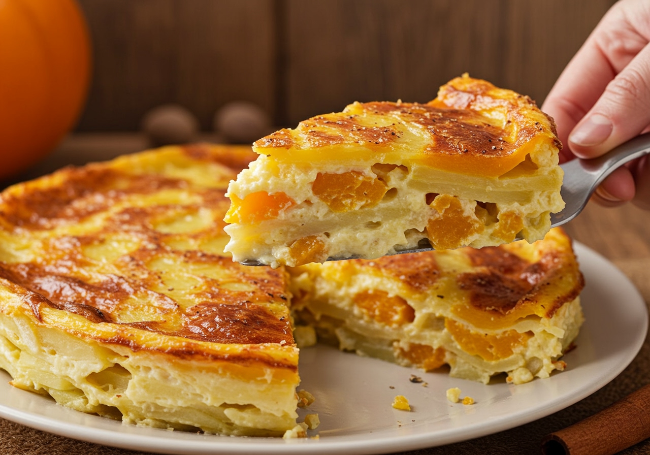 Slices of the finished potato and pumpkin gratin being served onto a plate, showing the creamy layers and golden crust.