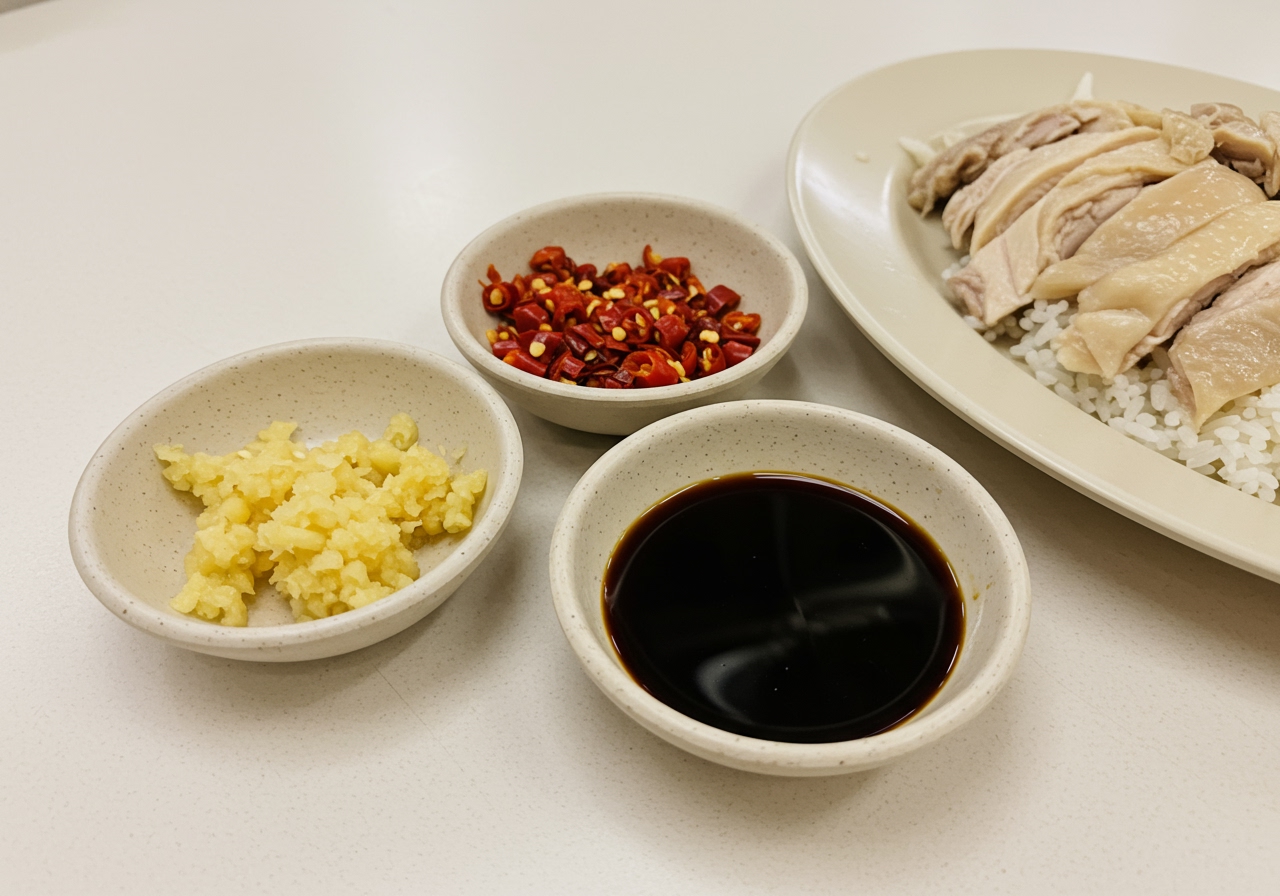 Small bowls of ginger, chili, and dark soy sauces ready to be served with chicken rice.