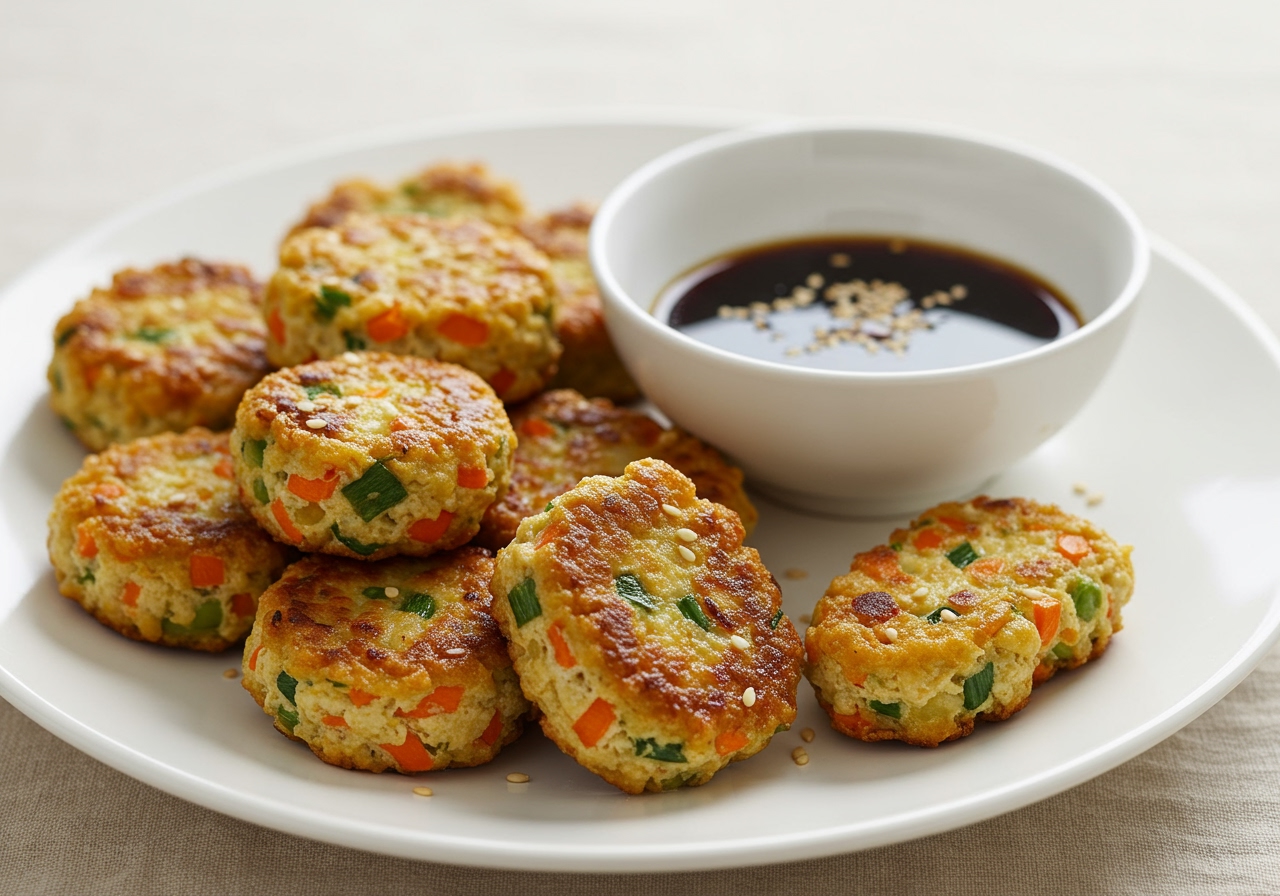 Small golden brown nuggets made from tofu and vegetables, served with dipping sauce