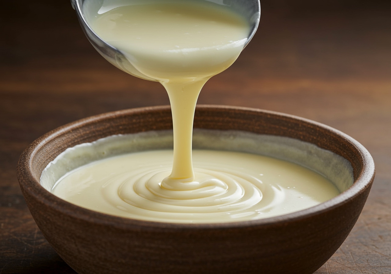 Smooth, creamy white béchamel sauce being poured into a bowl.